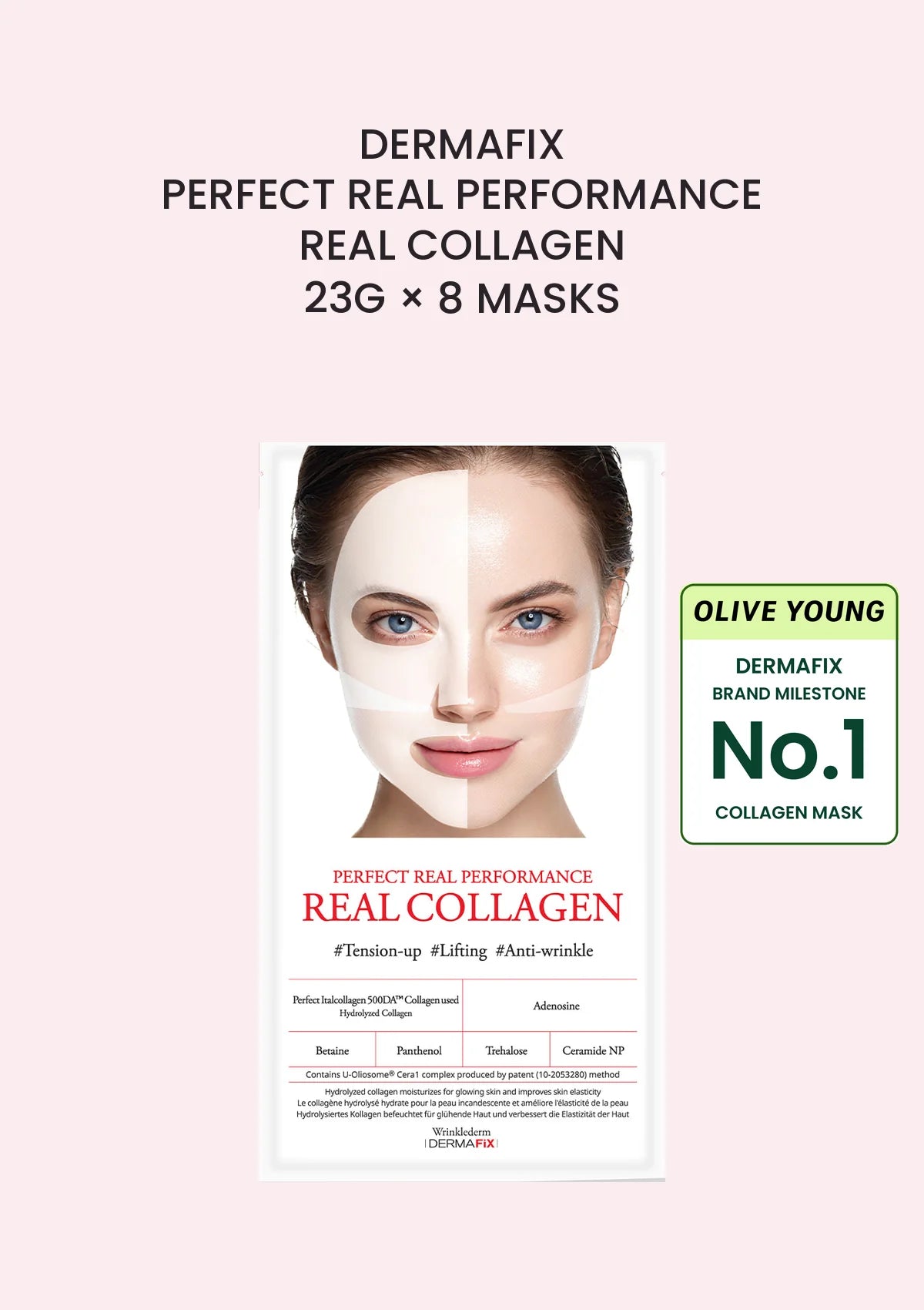 DERMAFIX Perfect Real Performance Real Collagen Mask, 23g x 8 masks, with Olive Young DERMAFIX brand milestone badge.